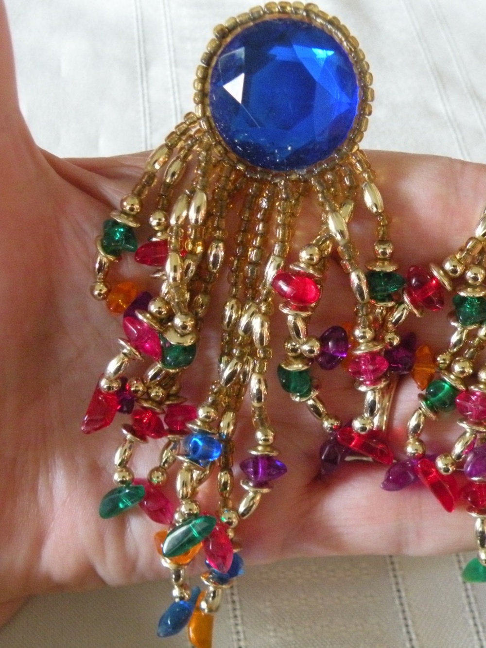 Massive Long Vintage Colorful LIghtweight Faux Sapphire Drag Queen Clip Earrings